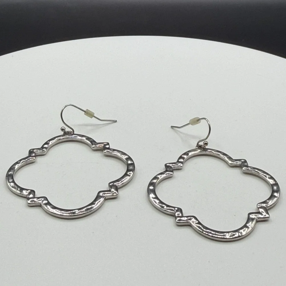 Silver Tone Hammered Quatrefoil Dangle Earrings Large Boho Statement Jewelry